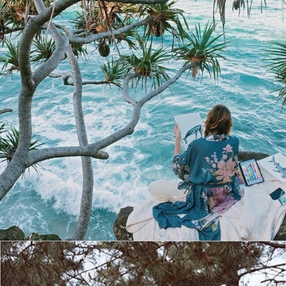 #21 Bohemian Teal Blue Floral Peacock Kimono Duster Robe Cover up - Picture 4 of 10